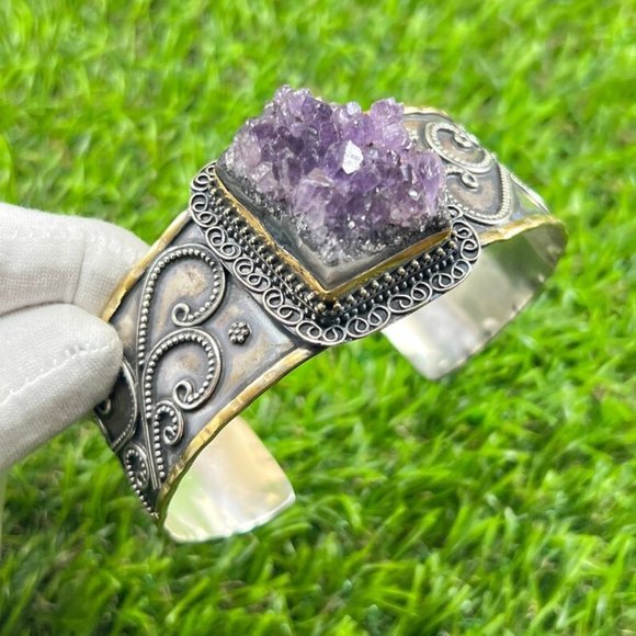 COPY - Amethyst Druzy 18k Gold Plated Bangle - Picture 1 of 6